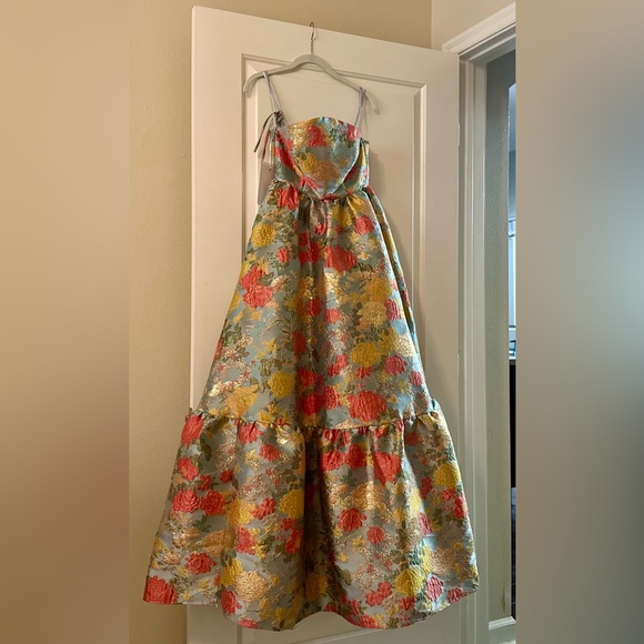 Mac Duggal Multicolor Strapless Floral Brocade Dress with Ruffles size 0 - Picture 7 of 7